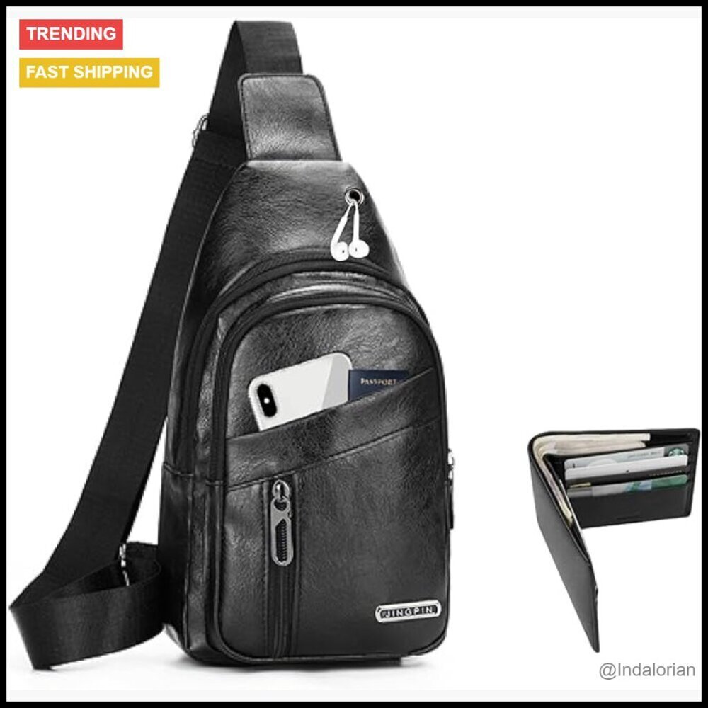 PU Leather Sling Bag Multi-Zipper Design Travel Crossbody Purse Wallet Combo